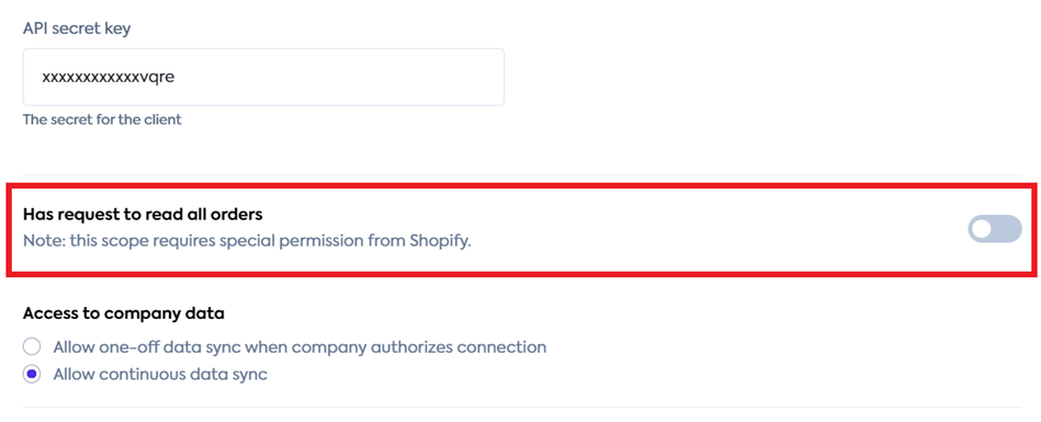The 'Has request to read all orders' checkbox on the Shopify integration settings page. Shopify integration settings