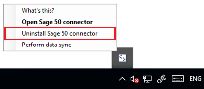 Uninstall Sage 50 Accounts Connector selected in the right-click menu for system tray. Text